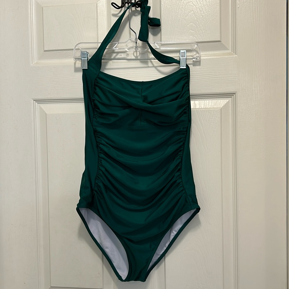 Dark Green Ruched One Piece Suit. Swimsuit with a Halter Top. Size Large